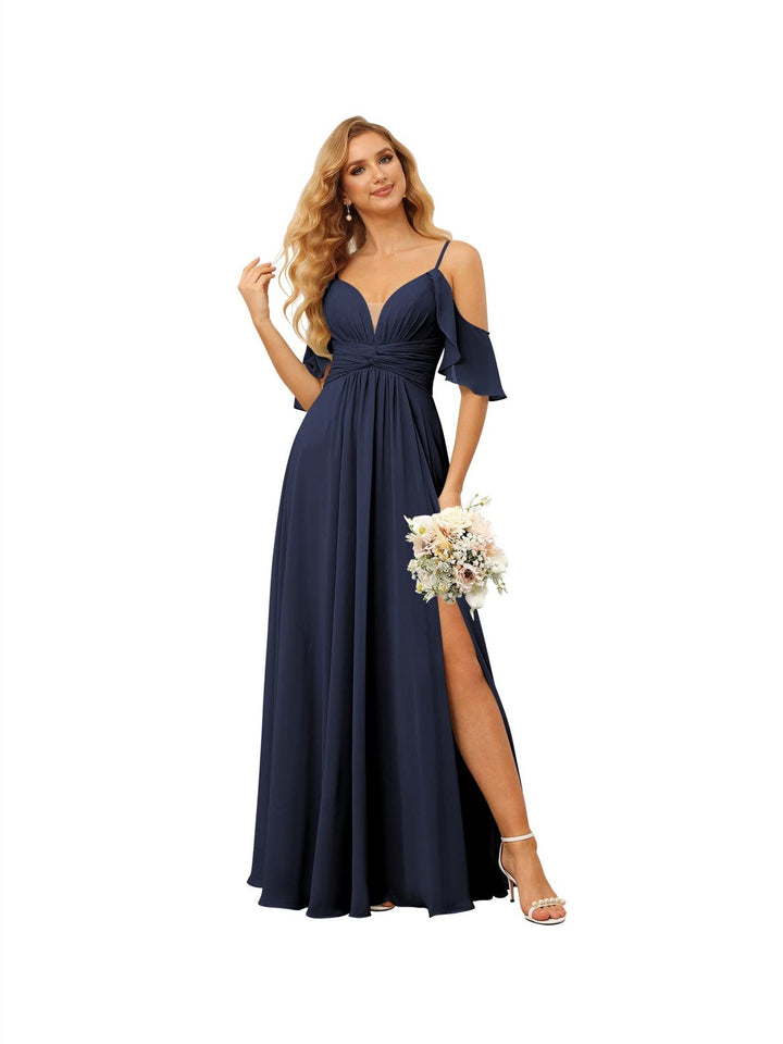 Ligne A/Princesse  Bretelles Spaghetti  Sans Manches Floor Length Robes de Demoiselle d'Honneur  Mousseline avec Froufrous Split
