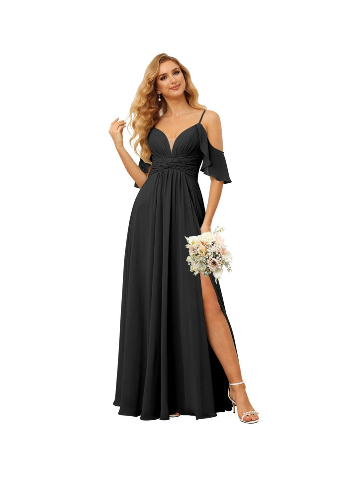 Ligne A/Princesse  Bretelles Spaghetti  Sans Manches Floor Length Robes de Demoiselle d'Honneur  Mousseline avec Froufrous Split