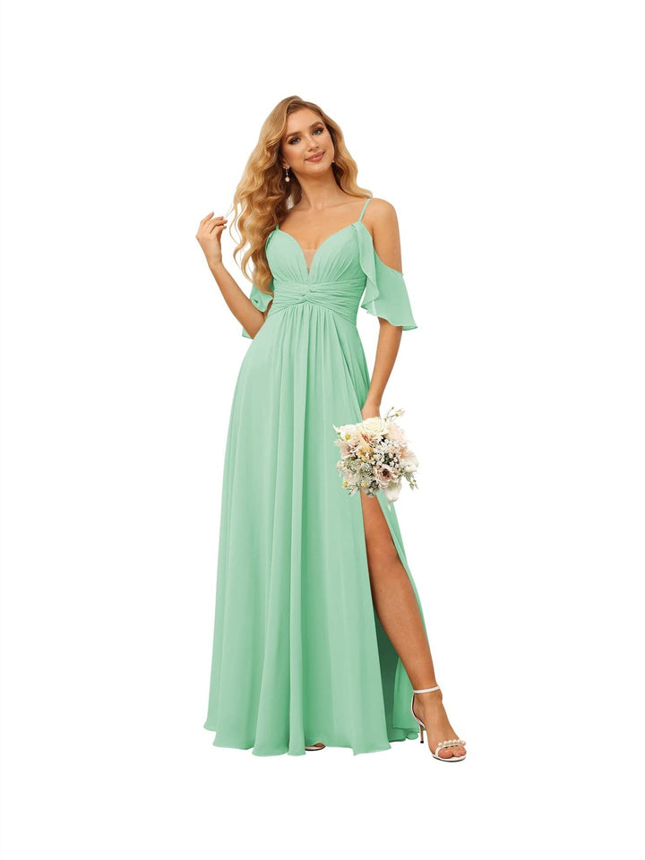Ligne A/Princesse  Bretelles Spaghetti  Sans Manches Floor Length Robes de Demoiselle d'Honneur  Mousseline avec Froufrous Split