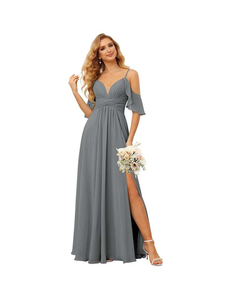 Ligne A/Princesse  Bretelles Spaghetti  Sans Manches Floor Length Robes de Demoiselle d'Honneur  Mousseline avec Froufrous Split