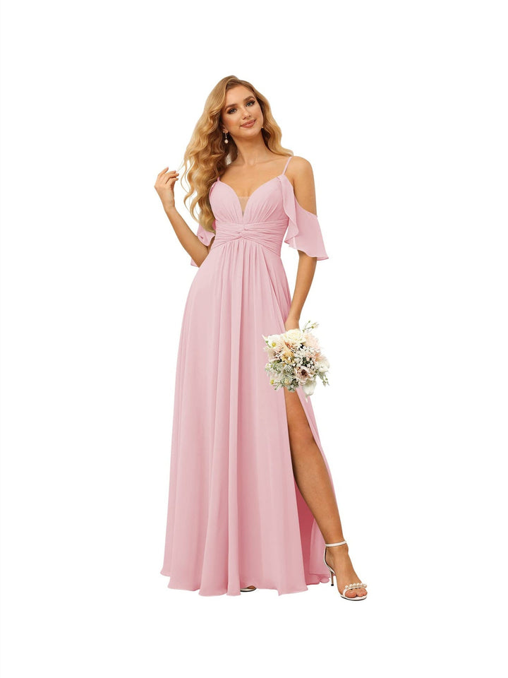Ligne A/Princesse  Bretelles Spaghetti  Sans Manches Floor Length Robes de Demoiselle d'Honneur  Mousseline avec Froufrous Split