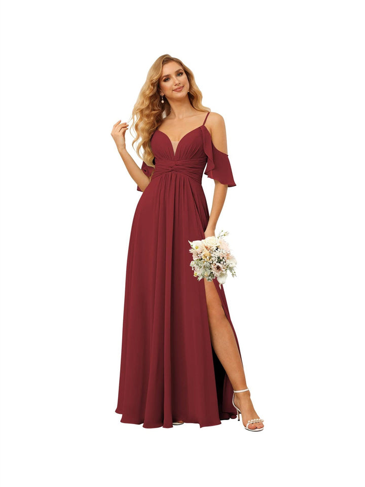 Ligne A/Princesse  Bretelles Spaghetti  Sans Manches Floor Length Robes de Demoiselle d'Honneur  Mousseline avec Froufrous Split
