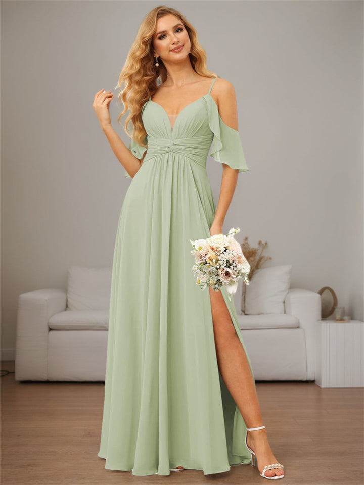 Ligne A/Princesse  Bretelles Spaghetti  Sans Manches Floor Length Robes de Demoiselle d'Honneur  Mousseline avec Froufrous Split