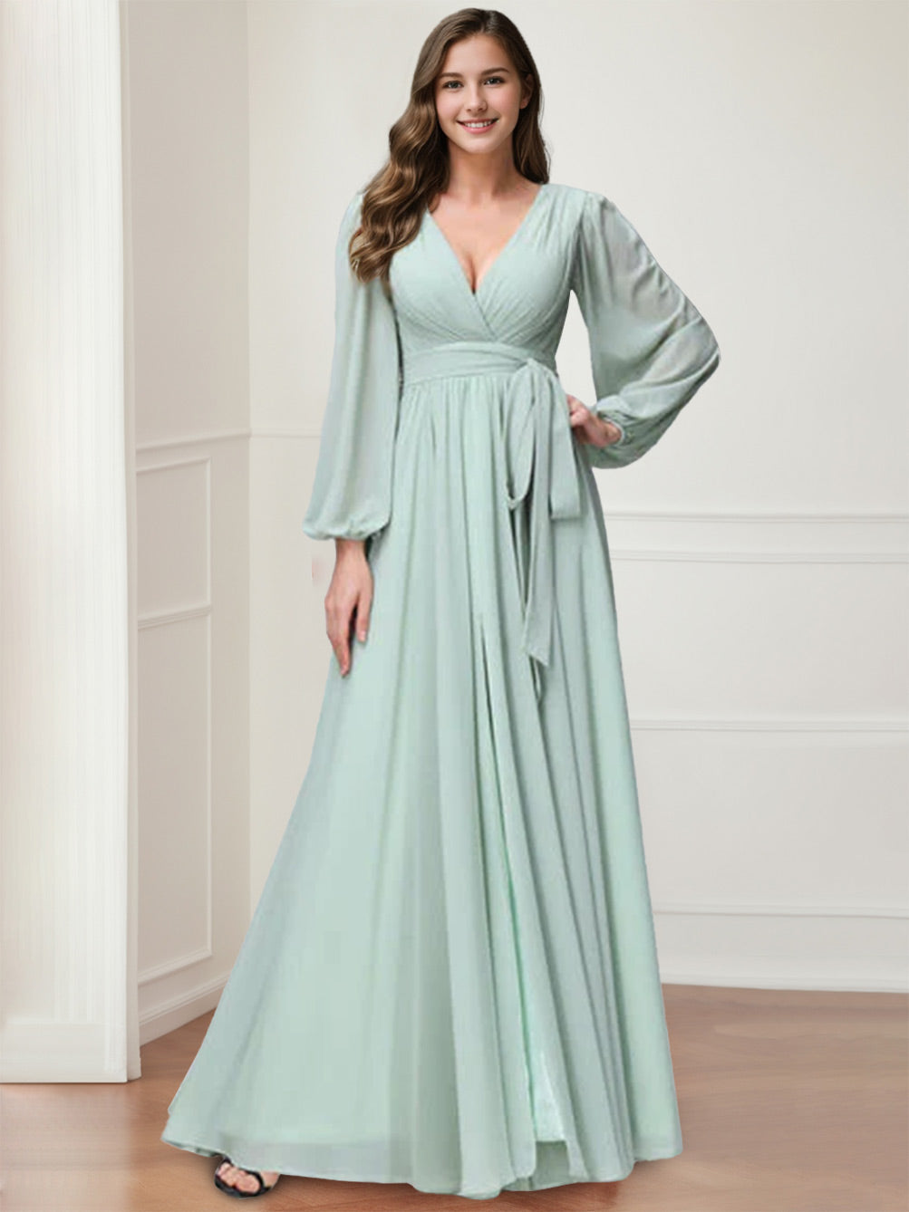 Ligne A Col en V Manches Longues Mousseline Long Robes de Demoiselle d'Honneur avec Froufrous Côté Divisé