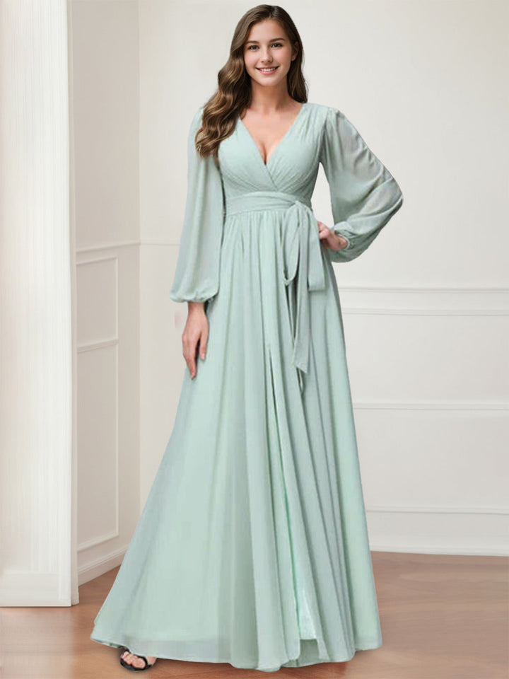 Ligne A Col en V Manches Longues Mousseline Long Robes de Demoiselle d'Honneur avec Froufrous Côté Divisé