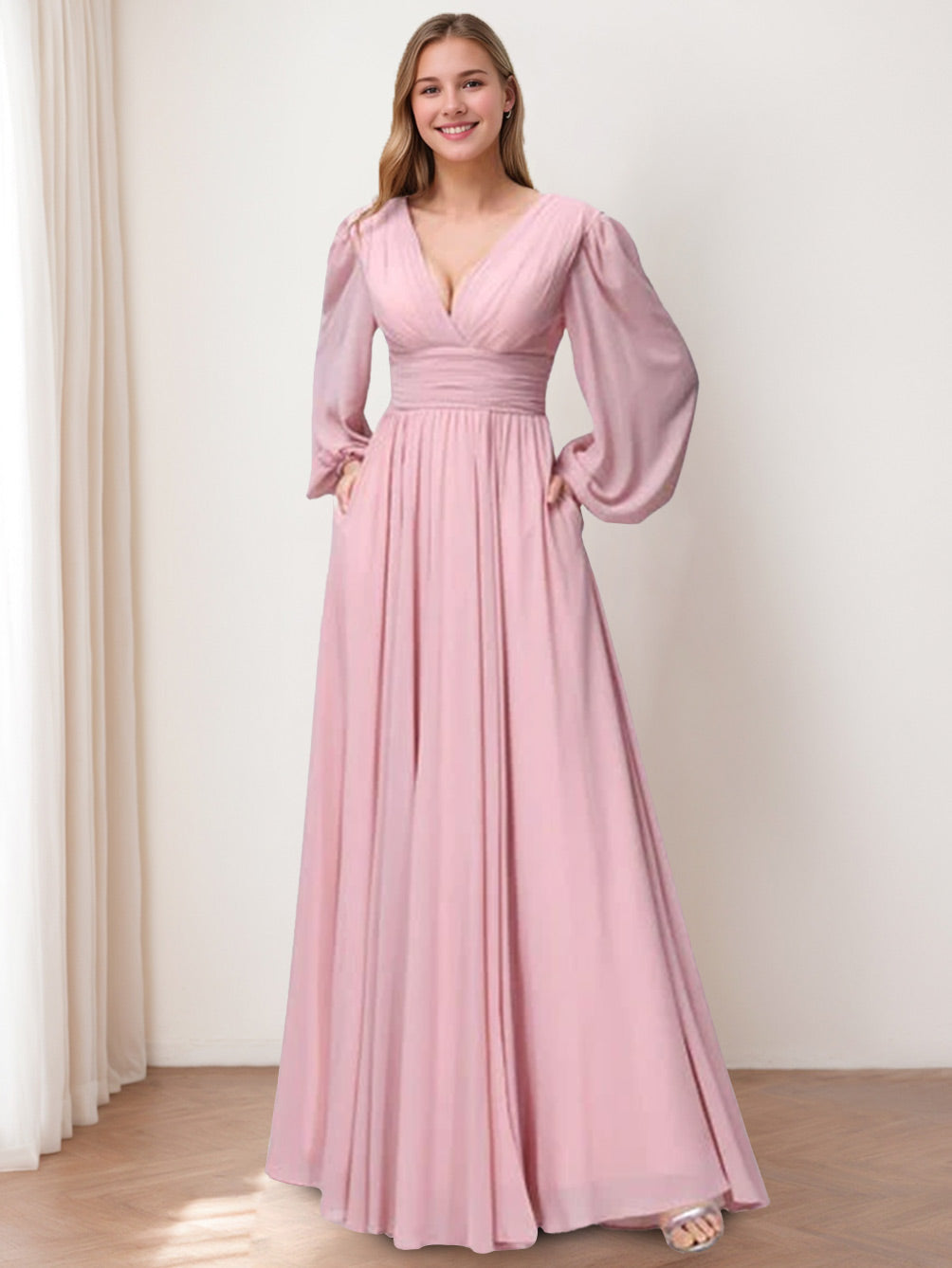 Ligne A/Princesse Col en V Manches Longues La Longueur du Sol Bridemaid Robes avec Côté Divisé & Les Poches