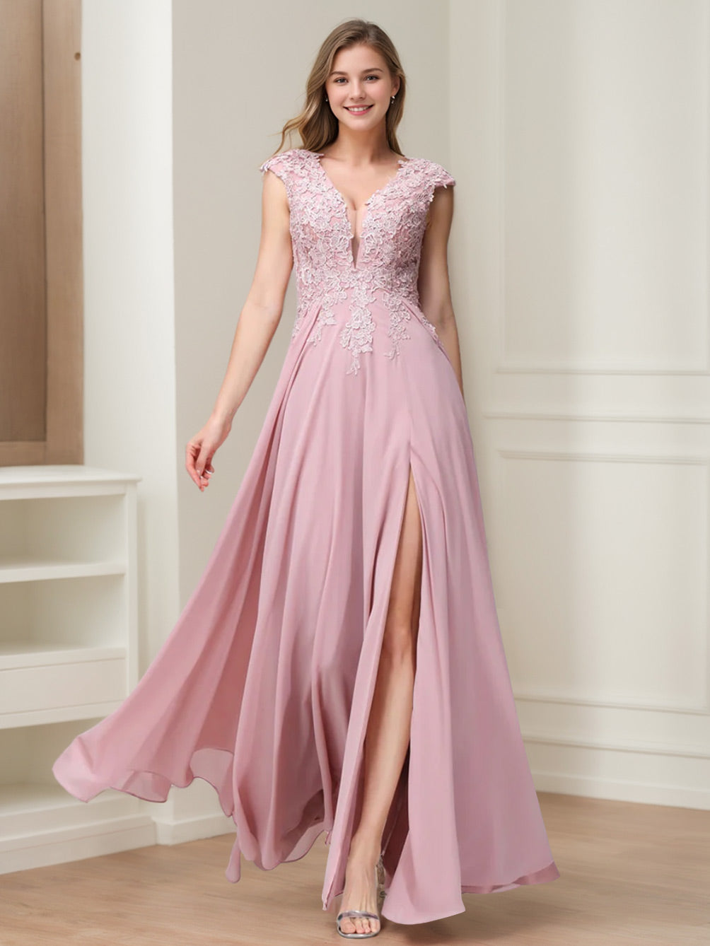Ligne A/Princesse Col en V Sans Manches Mousseline LongBridemaid Robes avec Asymétrique Côté Divisé