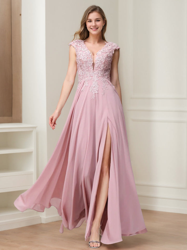 Ligne A/Princesse Col en V Sans Manches Mousseline LongBridemaid Robes avec Asymétrique Côté Divisé