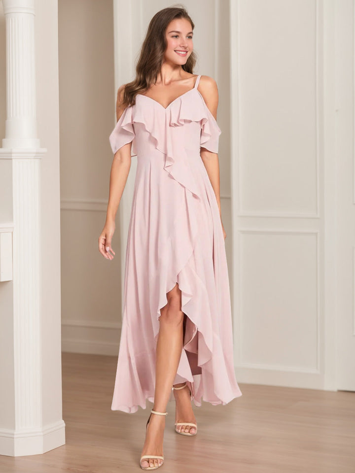 Ligne A/Princesse Bretelles Spaghetti Col en V Manches Courtes Asymétrique Bridemaid Robes avec Froufrous