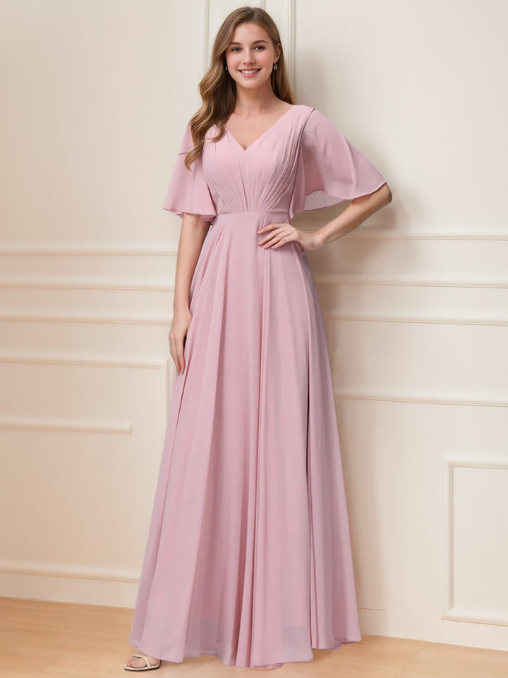 Ligne A/Princesse Col en V Demi-manches La Longueur du Sol Bridemaid Robes avec Froufrous & Les Poches