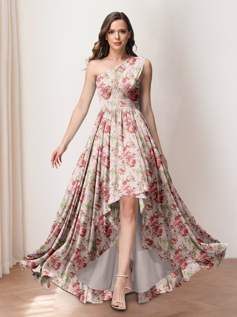 Robe de Demoiselle d'Honneur Asymétrique à Volants, Coupe A-Line/Princesse, Asymétrique, à Imprimé Floral