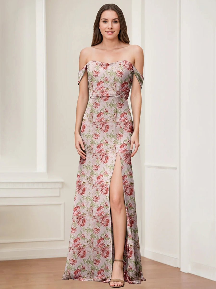 Gaine/Colonne Hors de l'Épaule La Longueur du Sol Printed Floral Robes de Demoiselle d'Honneur avec High Split