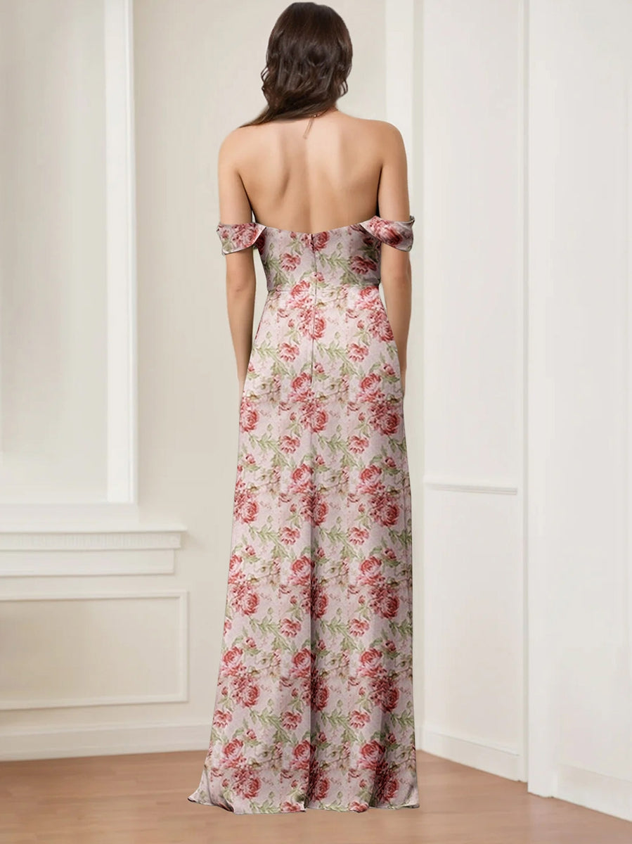 Gaine/Colonne Hors de l'Épaule La Longueur du Sol Printed Floral Robes de Demoiselle d'Honneur avec High Split