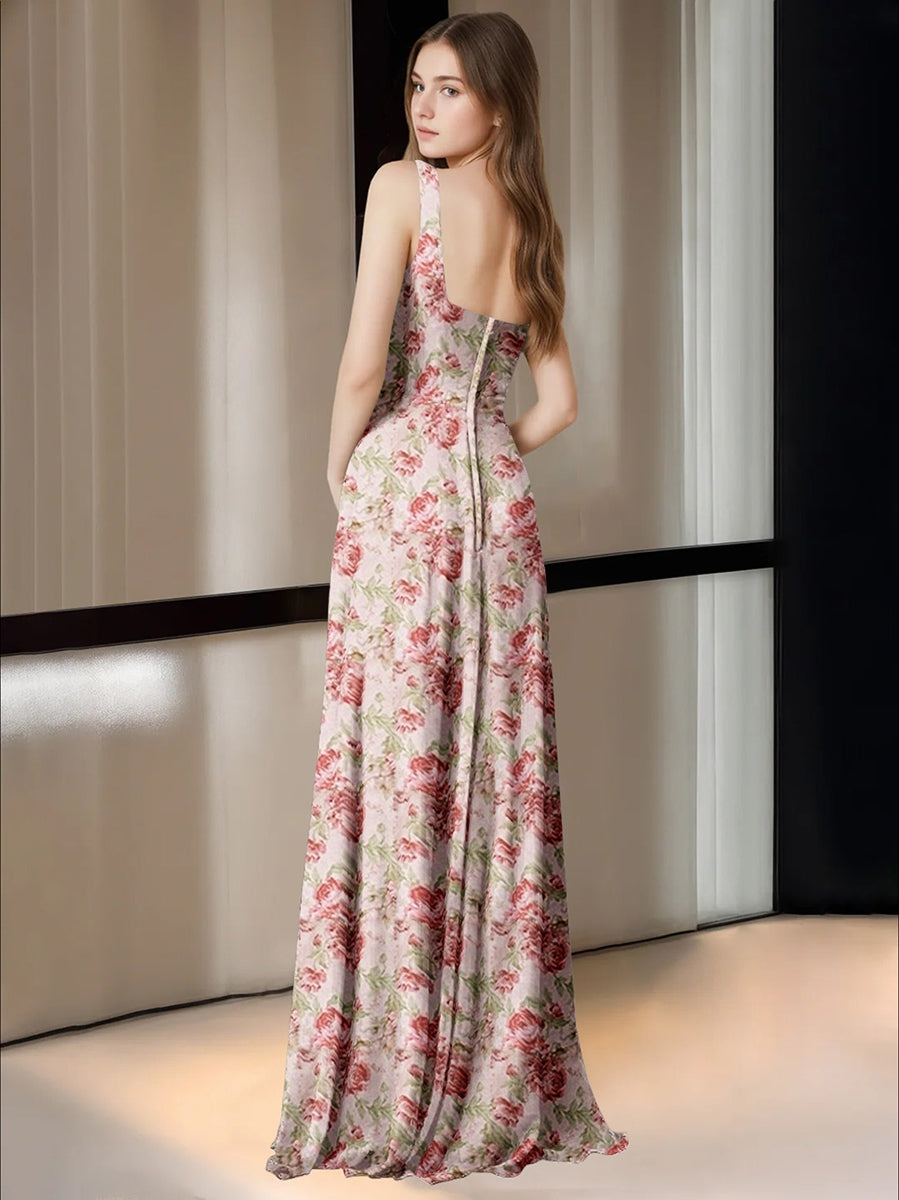 Gaine/Colonne Carré Neck La Longueur du Sol Printed Floral Robes de Demoiselle d'Honneur avec High Split