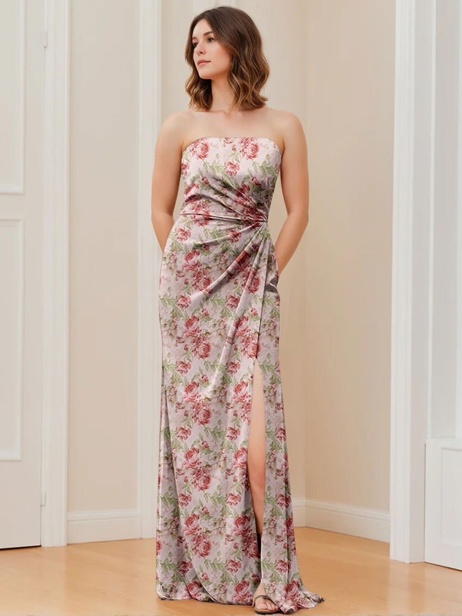 Gaine/Colonne Sans Bretelles Sans Manches La Longueur du Sol Printed Floral Ruché Robes de Demoiselle d'Honneur avec Côté Divisé