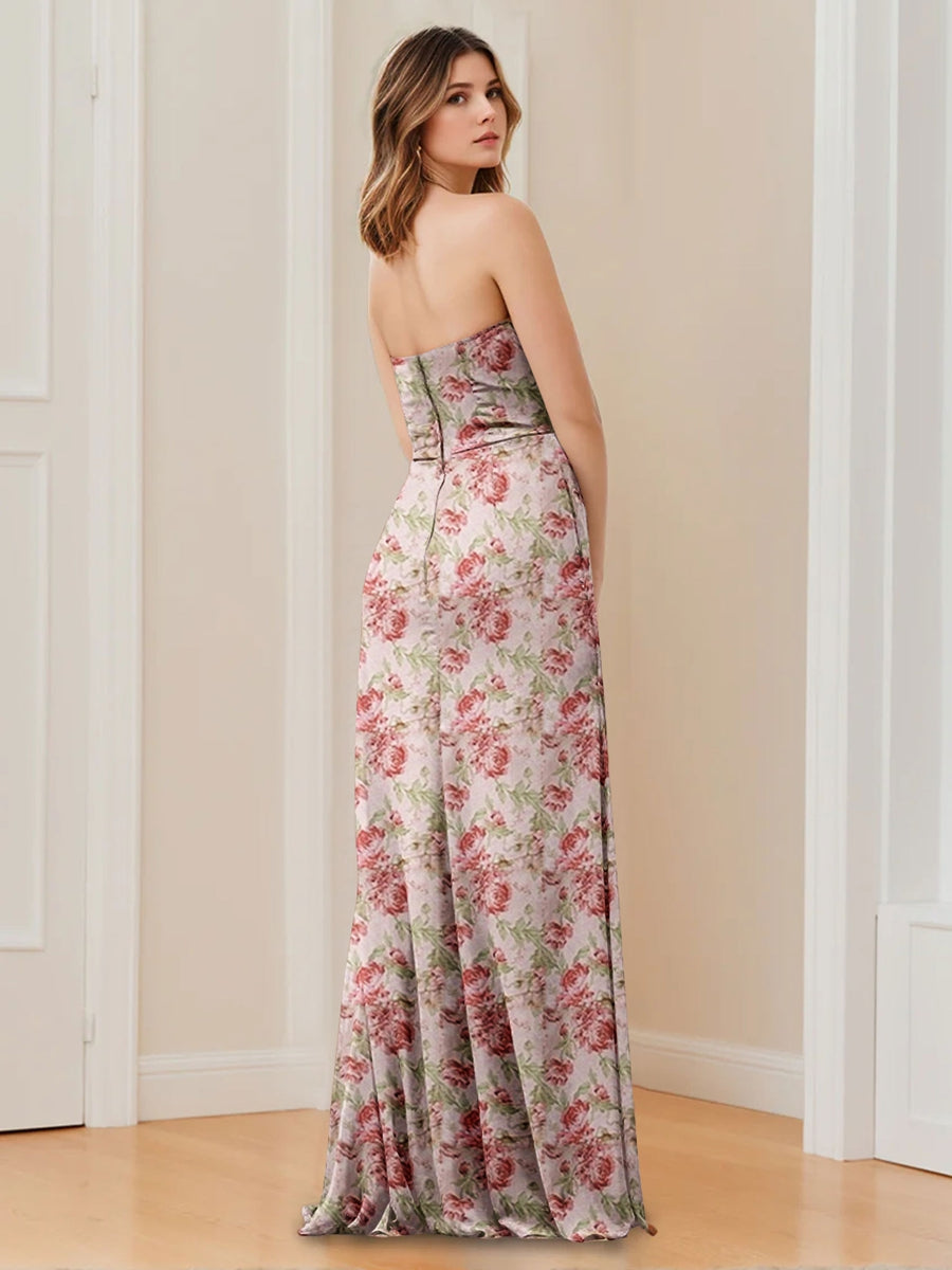 Gaine/Colonne Sans Bretelles Sans Manches La Longueur du Sol Printed Floral Ruché Robes de Demoiselle d'Honneur avec Côté Divisé
