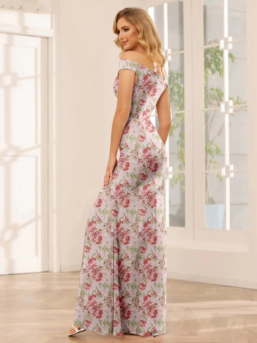Gaine/Colonne Hors de l'Épaule Sans Manches La Longueur du Sol Printed Floral Robes de Demoiselle d'Honneur avec Côté Divisé