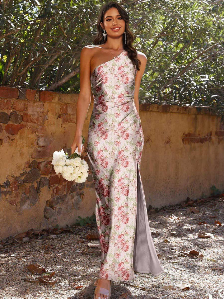 Gaine/Colonne Une Épaule Sans Manches Printed Floral Ruché Robes de Demoiselle d'Honneur avec High Split