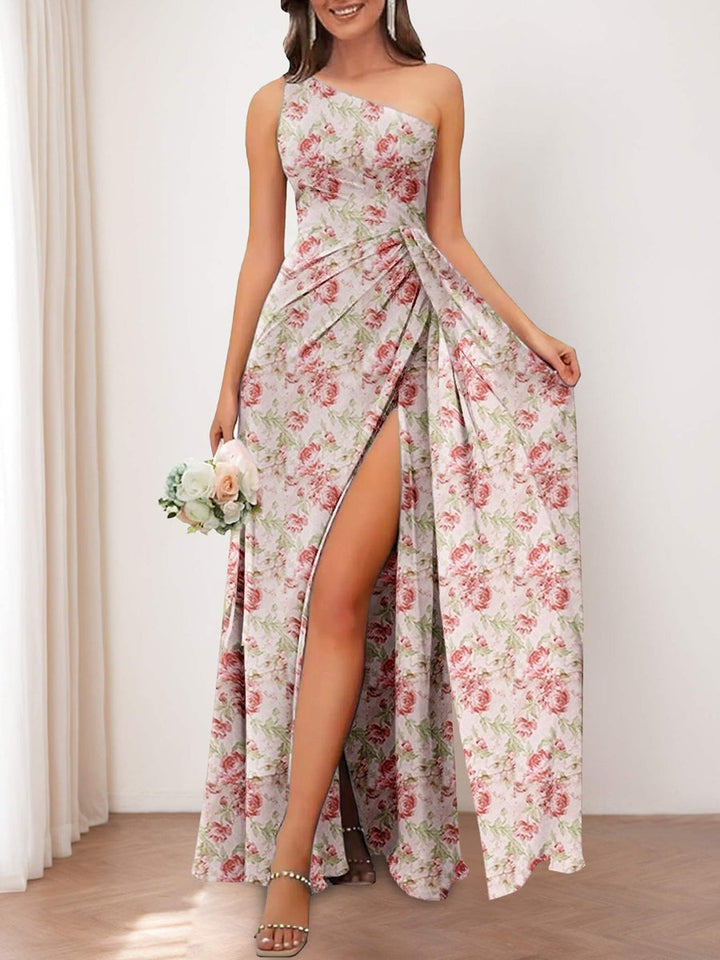 Gaine/Colonne Une Épaule Printed Floral Robes de Demoiselle d'Honneur avec Côté Divisé & Froufrous