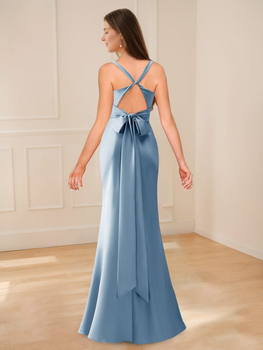 Trompette/Sirène Col en V Sans Manches La Longueur du Sol Robes de Demoiselle d'Honneur avec Criss-cross Les Bretelles & Bow Ceinture