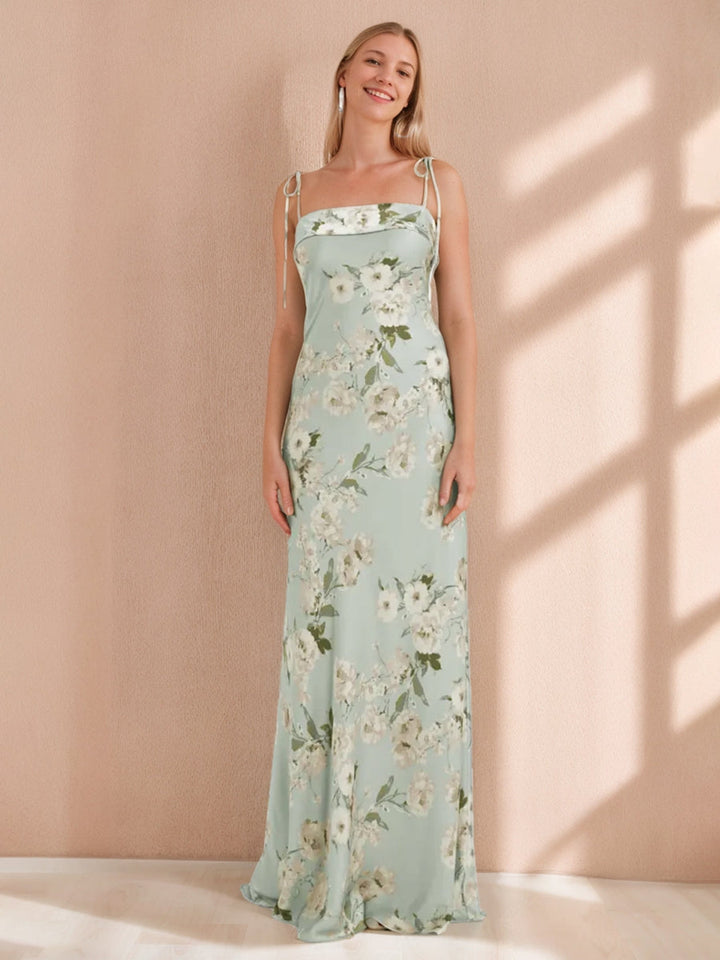 Gaine/Colonne Bretelles Spaghetti Sans Manches Printed Floral Long Robes de Demoiselle d'Honneur avec Froufrous
