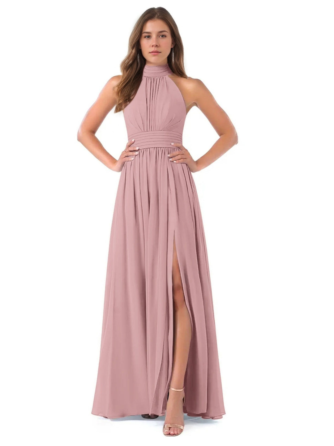 Ligne A/Princesse Col Haut Sans Manches Ruché La Longueur du Sol Pleated Robes de Demoiselle d'Honneur avec Bow & Slit