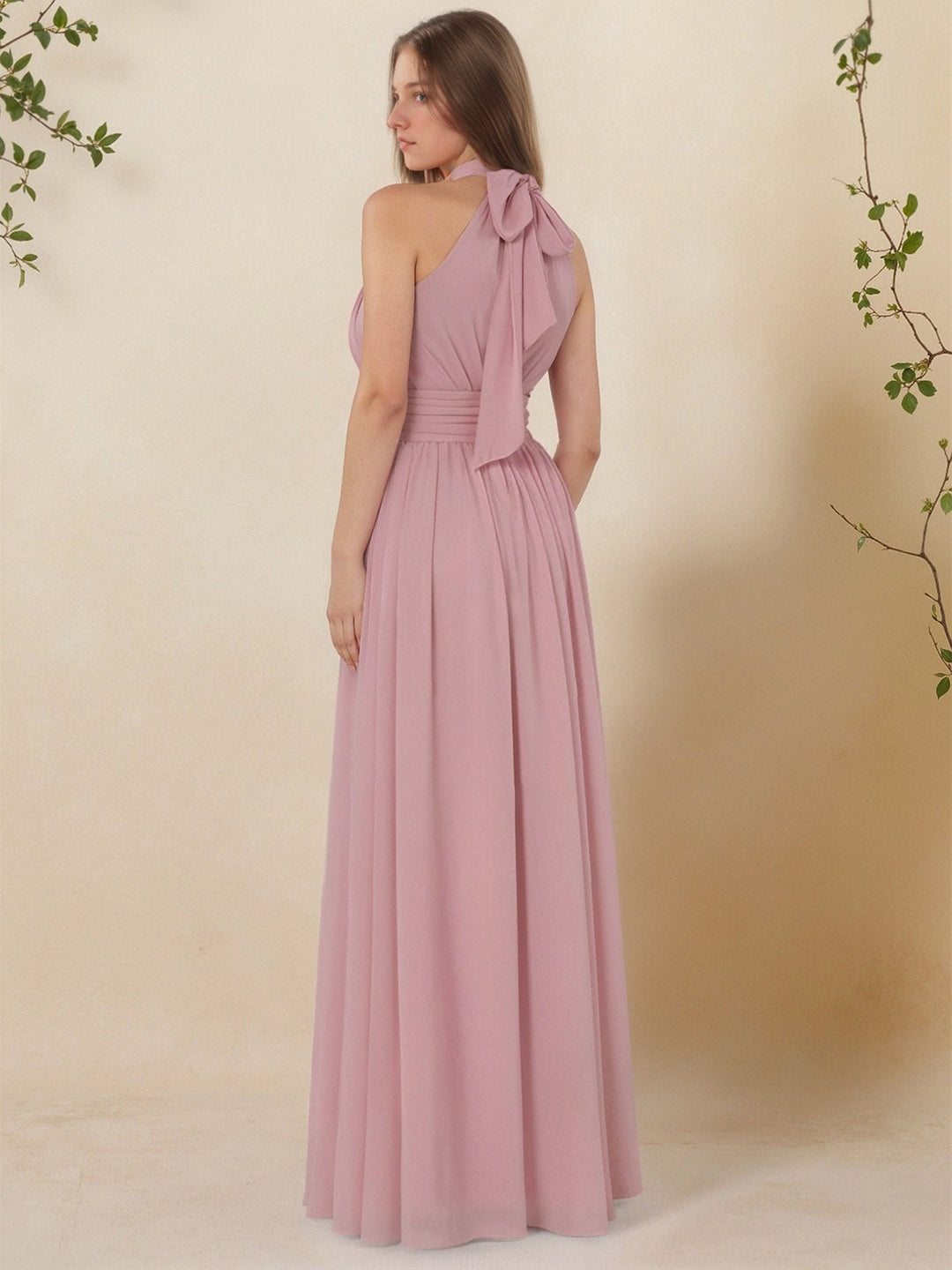 Ligne A/Princesse Col Haut Sans Manches Ruché La Longueur du Sol Pleated Robes de Demoiselle d'Honneur avec Bow & Slit