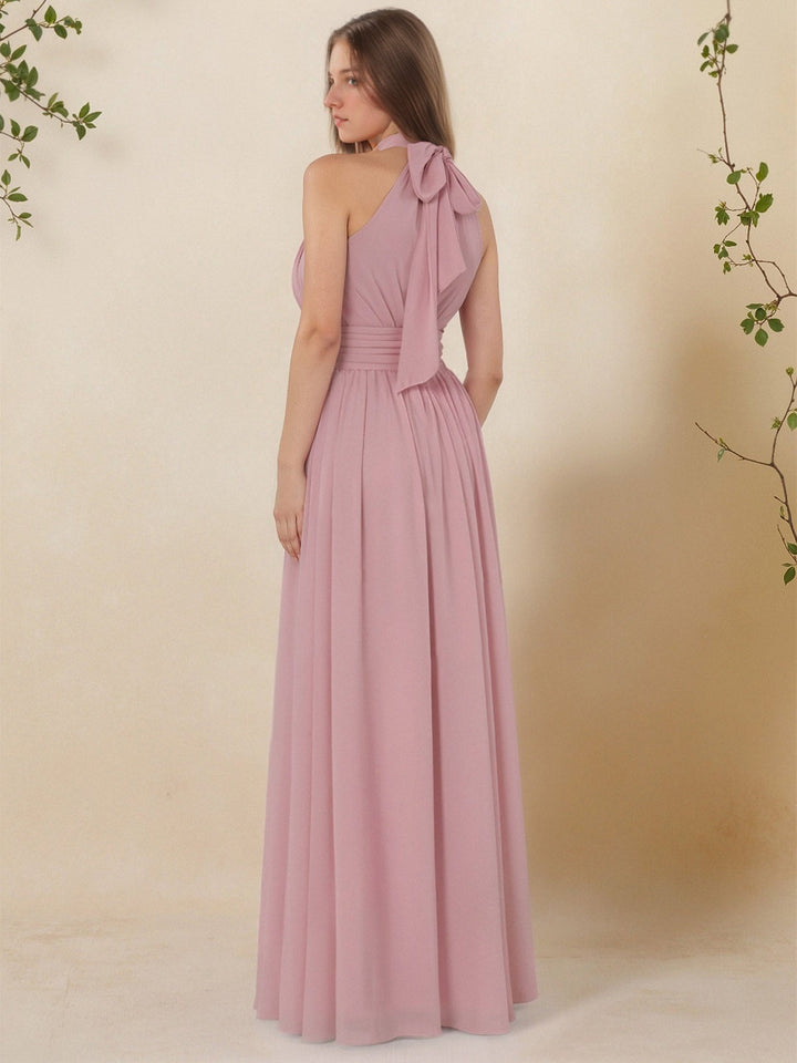 Ligne A/Princesse Col Haut Sans Manches Ruché La Longueur du Sol Pleated Robes de Demoiselle d'Honneur avec Bow & Slit