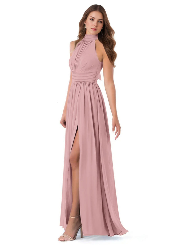 Ligne A/Princesse Col Haut Sans Manches Ruché La Longueur du Sol Pleated Robes de Demoiselle d'Honneur avec Bow & Slit