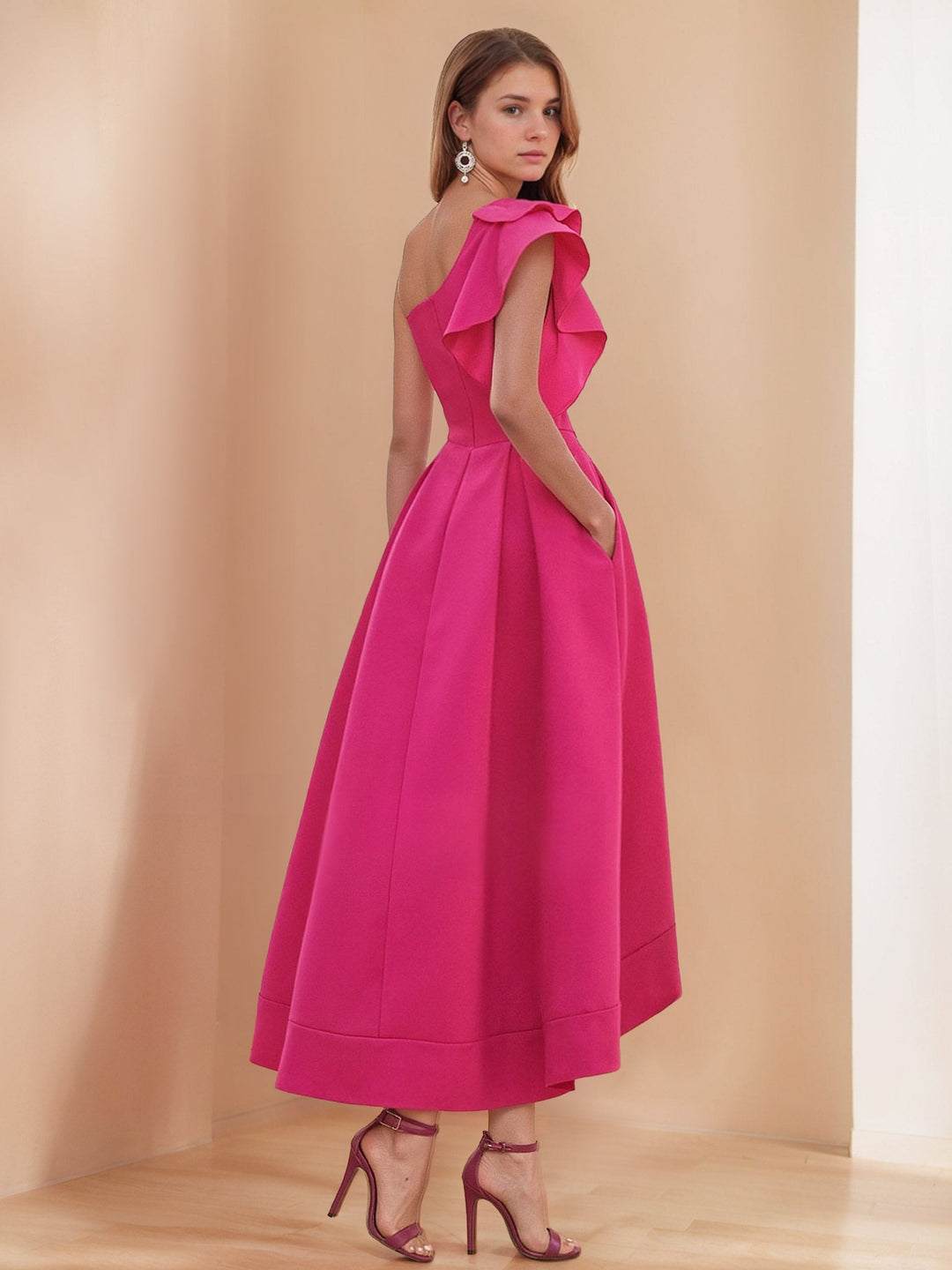 Ligne A/Princesse Une Épaule Ruffled Manche Asymétrique Pleated Robes de Demoiselle d'Honneur avec Poche