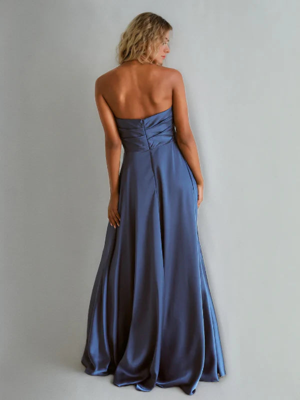 Robe de Demoiselle d'Honneur, Ligne A/Princesse, Satin, Col Cœur, Longueur au Sol, Sans Manches, Froncée et Plissée