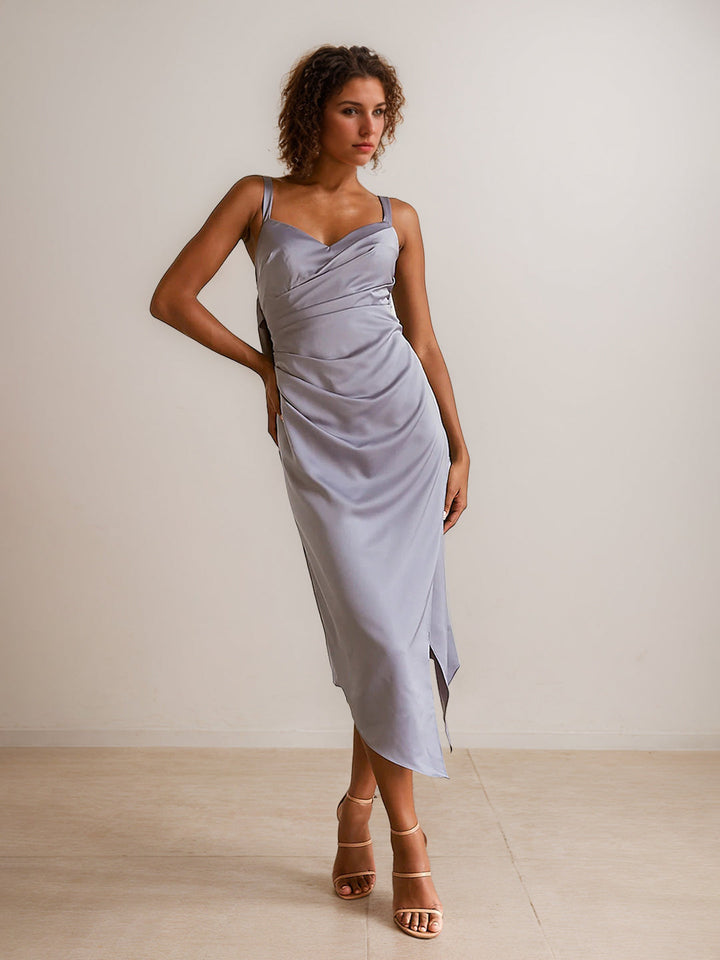 Robe de demoiselle d'honneur longue à la cheville, col V, volants et fente latérale, coupe trapèze/princesse