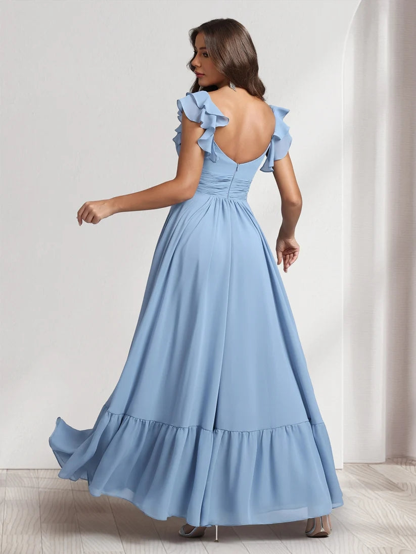 Robe de demoiselle d'honneur longue au sol, épaules dénudées, froncée, volants et fente latérale