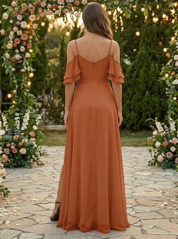 Robe de Demoiselle d'Honneur, Mousseline, Manches Courtes, Bretelles Fines, Ligne A/Princesse, Longueur au Sol