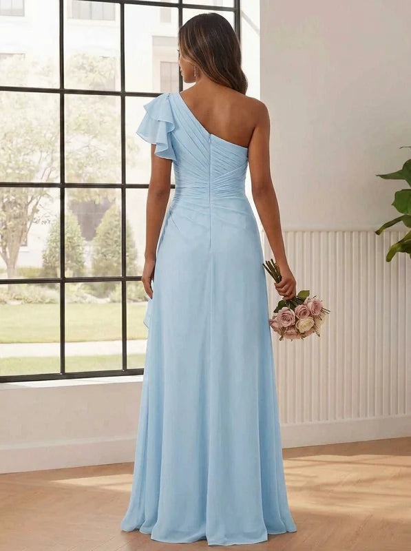 Robe de Demoiselle d'Honneur, Mousseline, Manche Courte, Une Épaule Nue, Ligne A/Princesse, Longueur au Sol Asymétrique