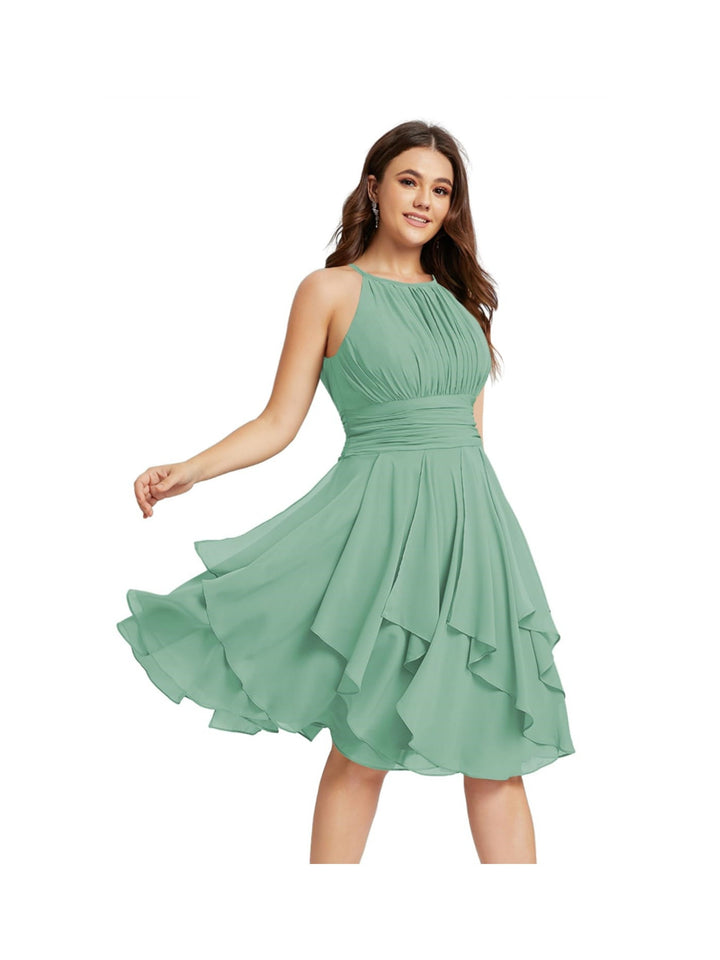 Robe de Demoiselle d'Honneur Courte/Mini, Coupe Princesse, Col Licou, sans Manches, en Mousseline, à Volants et Poches Plissées