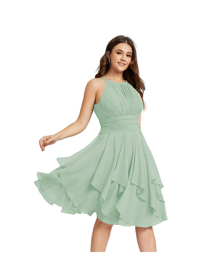 Robe de Demoiselle d'Honneur Courte/Mini, Coupe Princesse, Col Licou, sans Manches, en Mousseline, à Volants et Poches Plissées