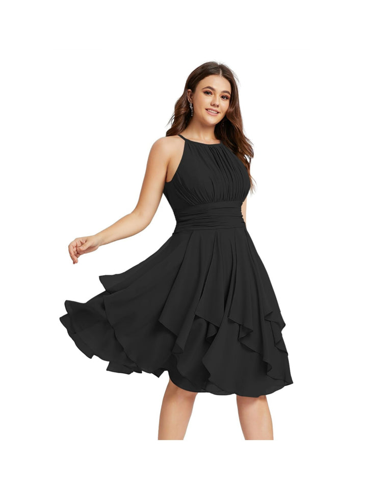 Robe de Demoiselle d'Honneur Courte/Mini, Coupe Princesse, Col Licou, sans Manches, en Mousseline, à Volants et Poches Plissées