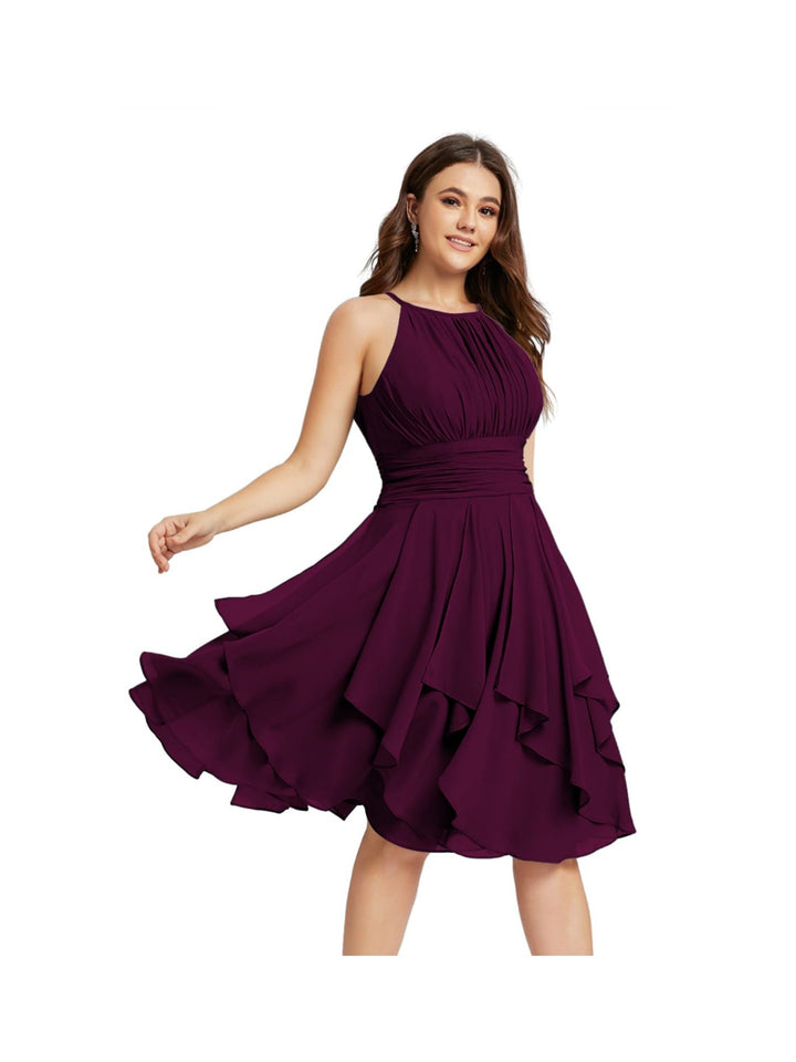 Robe de Demoiselle d'Honneur Courte/Mini, Coupe Princesse, Col Licou, sans Manches, en Mousseline, à Volants et Poches Plissées
