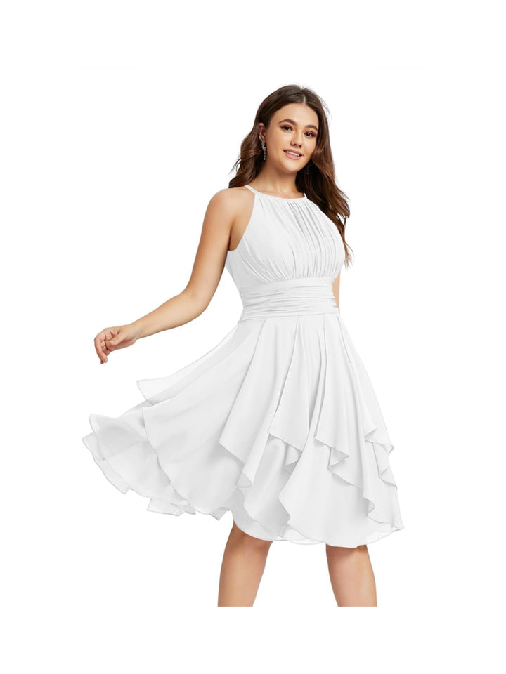 Robe de Demoiselle d'Honneur Courte/Mini, Coupe Princesse, Col Licou, sans Manches, en Mousseline, à Volants et Poches Plissées