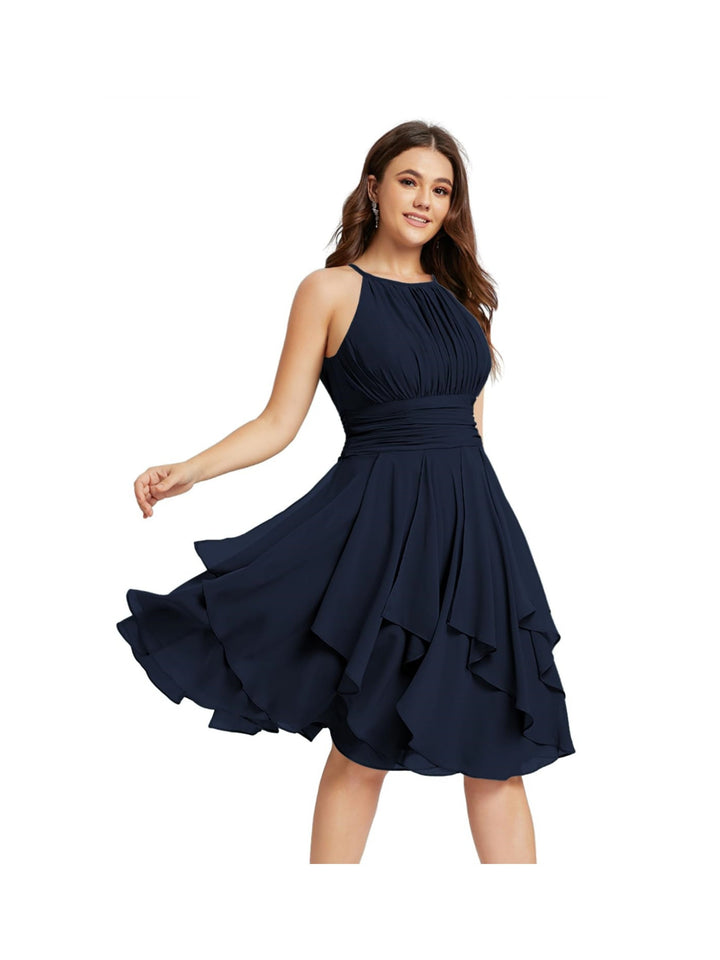 Robe de Demoiselle d'Honneur Courte/Mini, Coupe Princesse, Col Licou, sans Manches, en Mousseline, à Volants et Poches Plissées