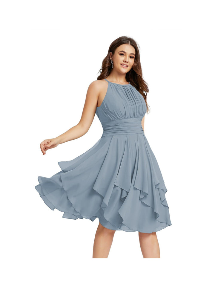 Robe de Demoiselle d'Honneur Courte/Mini, Coupe Princesse, Col Licou, sans Manches, en Mousseline, à Volants et Poches Plissées