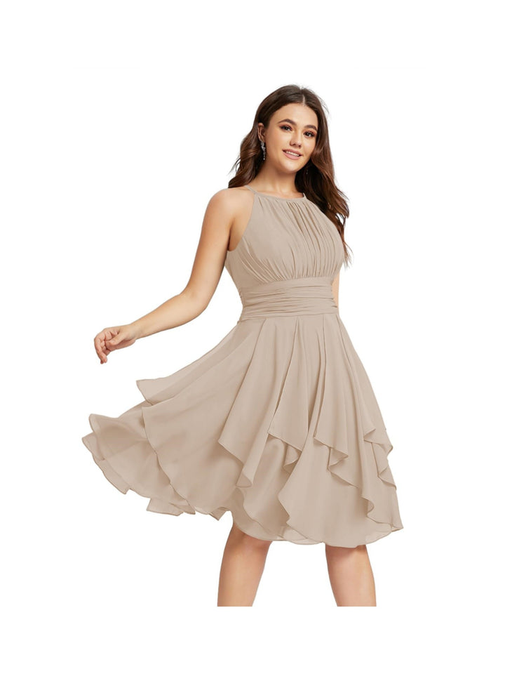 Robe de Demoiselle d'Honneur Courte/Mini, Coupe Princesse, Col Licou, sans Manches, en Mousseline, à Volants et Poches Plissées
