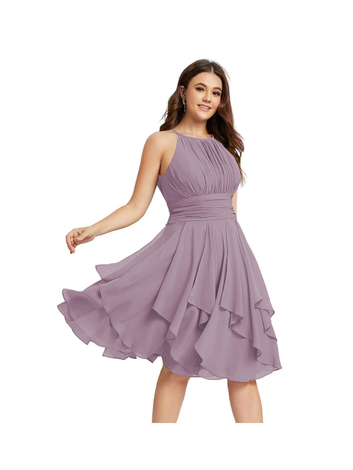 Robe de Demoiselle d'Honneur Courte/Mini, Coupe Princesse, Col Licou, sans Manches, en Mousseline, à Volants et Poches Plissées