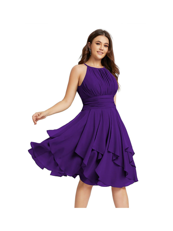 Robe de Demoiselle d'Honneur Courte/Mini, Coupe Princesse, Col Licou, sans Manches, en Mousseline, à Volants et Poches Plissées