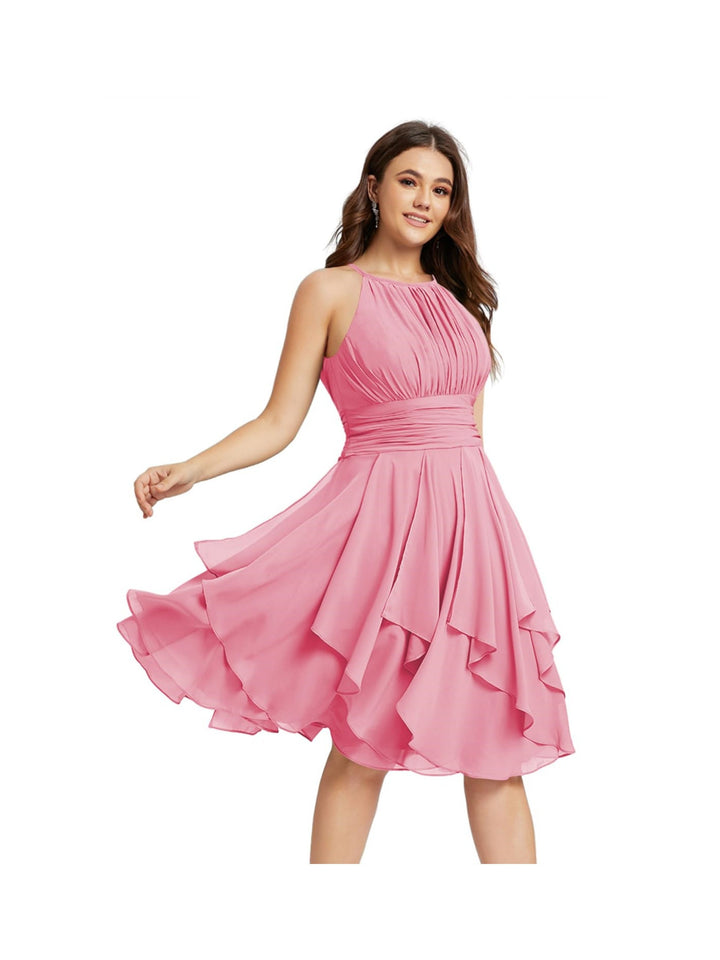 Robe de Demoiselle d'Honneur Courte/Mini, Coupe Princesse, Col Licou, sans Manches, en Mousseline, à Volants et Poches Plissées