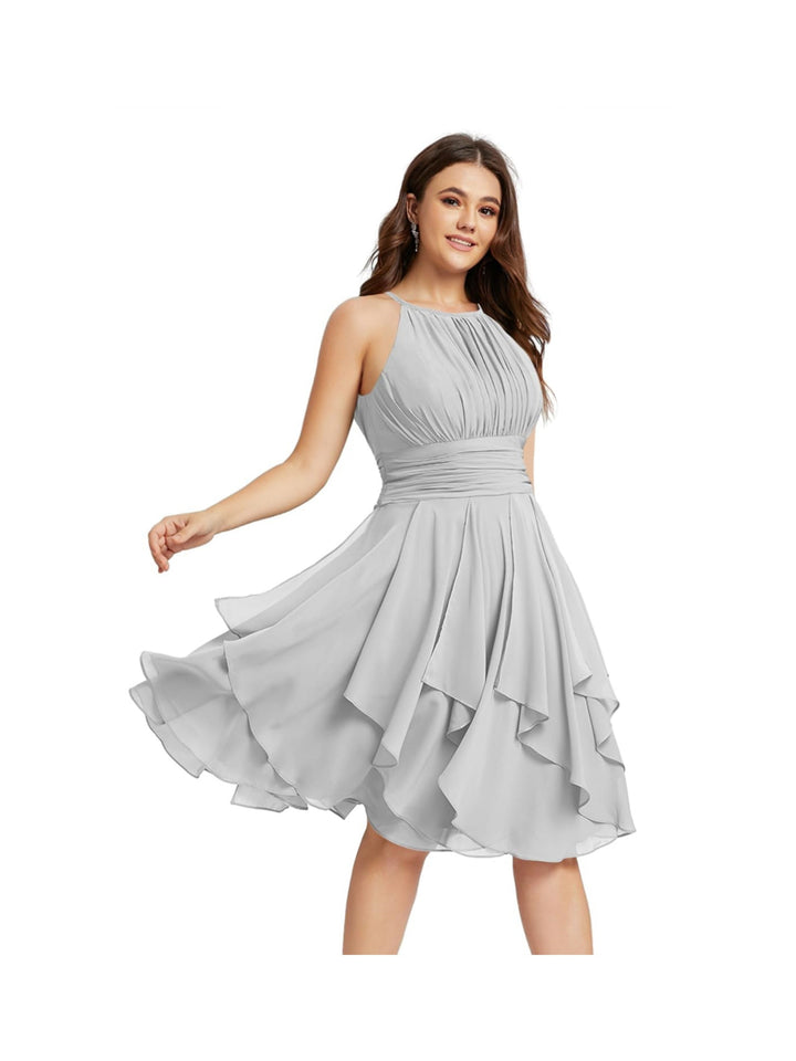 Robe de Demoiselle d'Honneur Courte/Mini, Coupe Princesse, Col Licou, sans Manches, en Mousseline, à Volants et Poches Plissées
