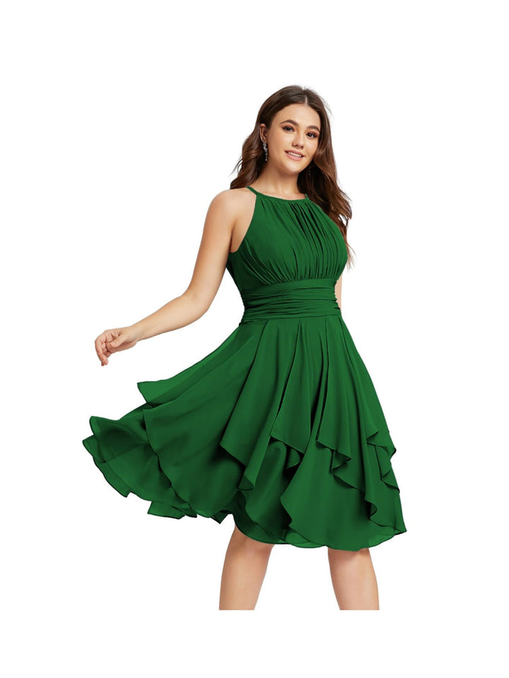 Robe de Demoiselle d'Honneur Courte/Mini, Coupe Princesse, Col Licou, sans Manches, en Mousseline, à Volants et Poches Plissées