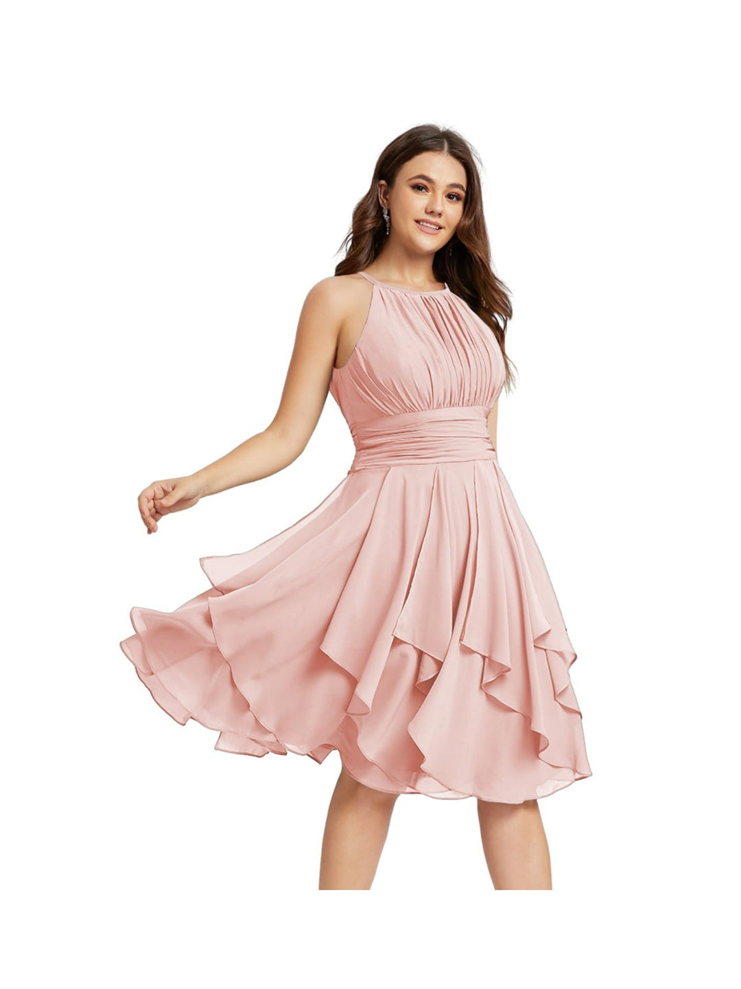Robe de Demoiselle d'Honneur Courte/Mini, Coupe Princesse, Col Licou, sans Manches, en Mousseline, à Volants et Poches Plissées