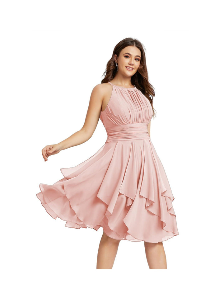 Robe de Demoiselle d'Honneur Courte/Mini, Coupe Princesse, Col Licou, sans Manches, en Mousseline, à Volants et Poches Plissées